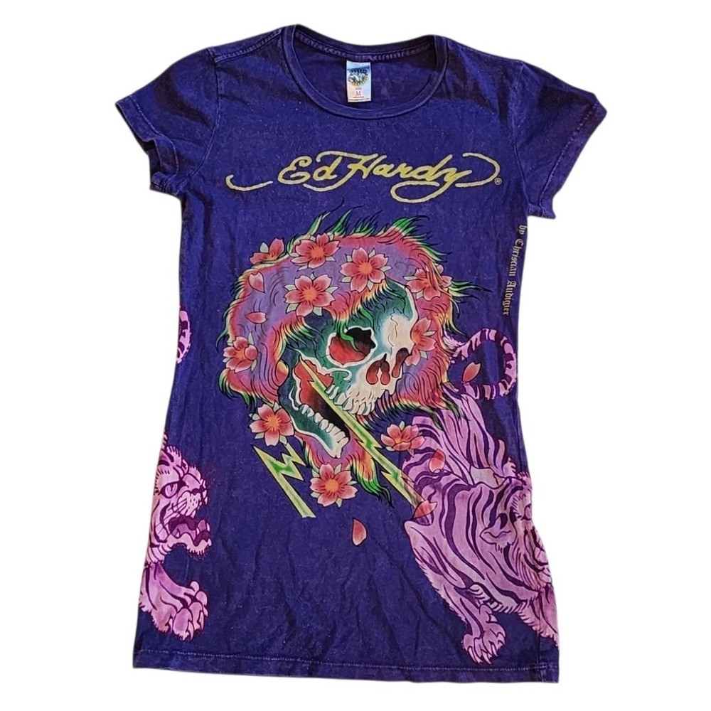 Ed Hardy Womens Medium Purple Skull Floral Graphic T Shirt Y2K Tattoo Top